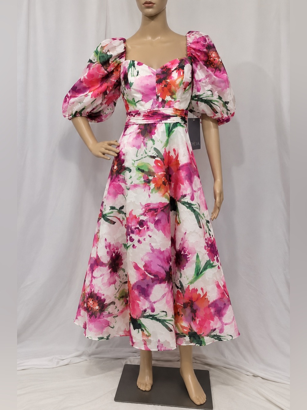 Theia White Floral Puff-Sleeve Midi Dress with Pink and Green Blooms
